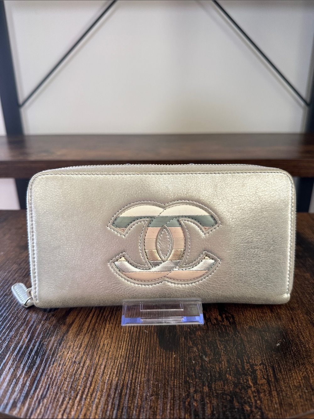 CHANEL Metallic Silver Zip-Around Wallet with Pastel CC Motif